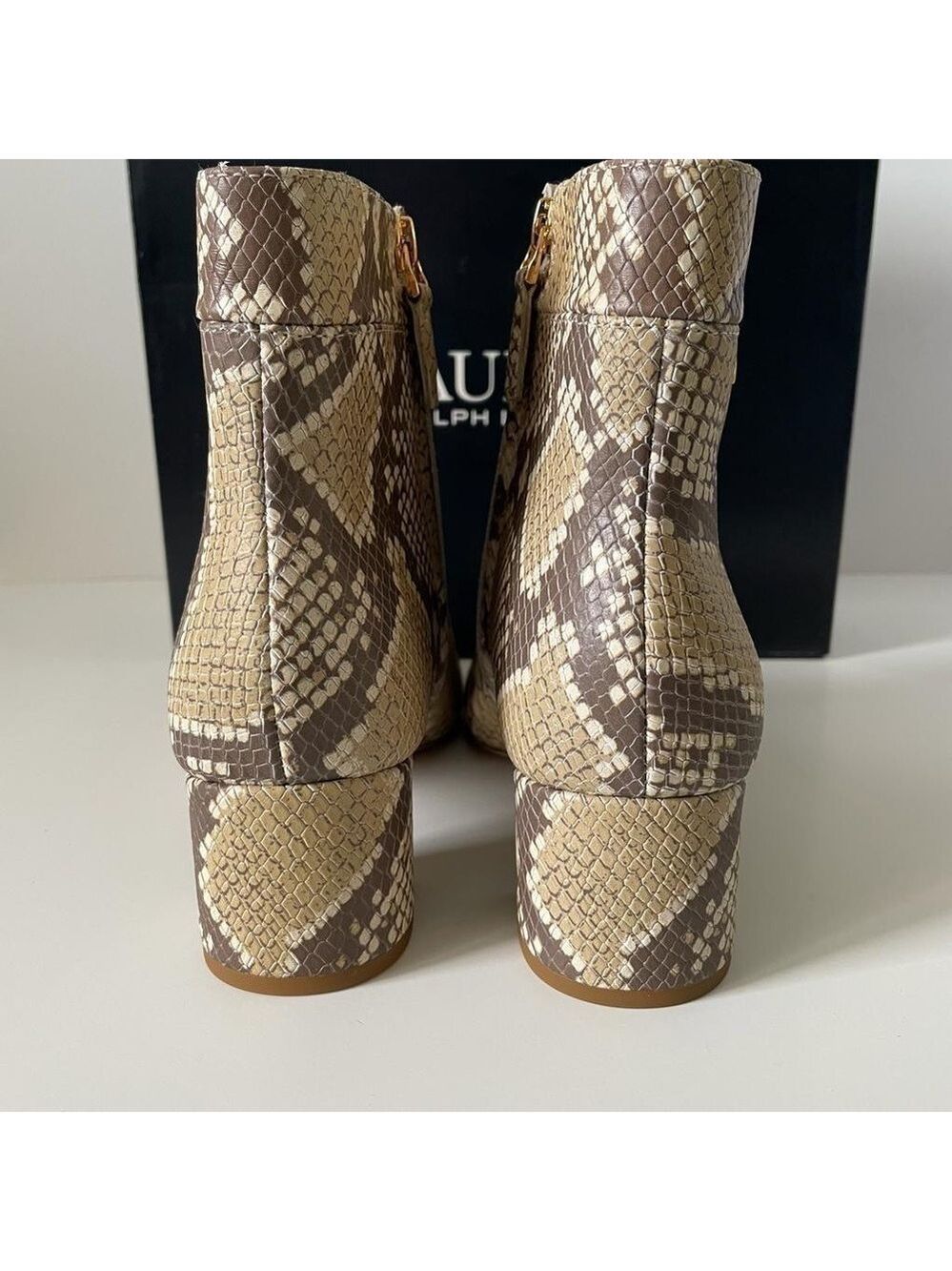 Nib Ralph Lauren Wynne II Python Embossed Leather Block Heel Booties Boots - Picture 8 of 16